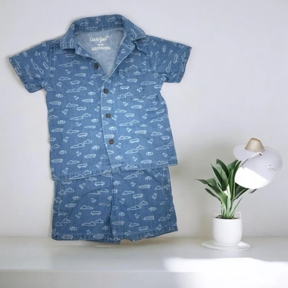 Cat & Jack Short Sleeve Denim Button-Down Shirt Pull On Shorts Set Medium Wash